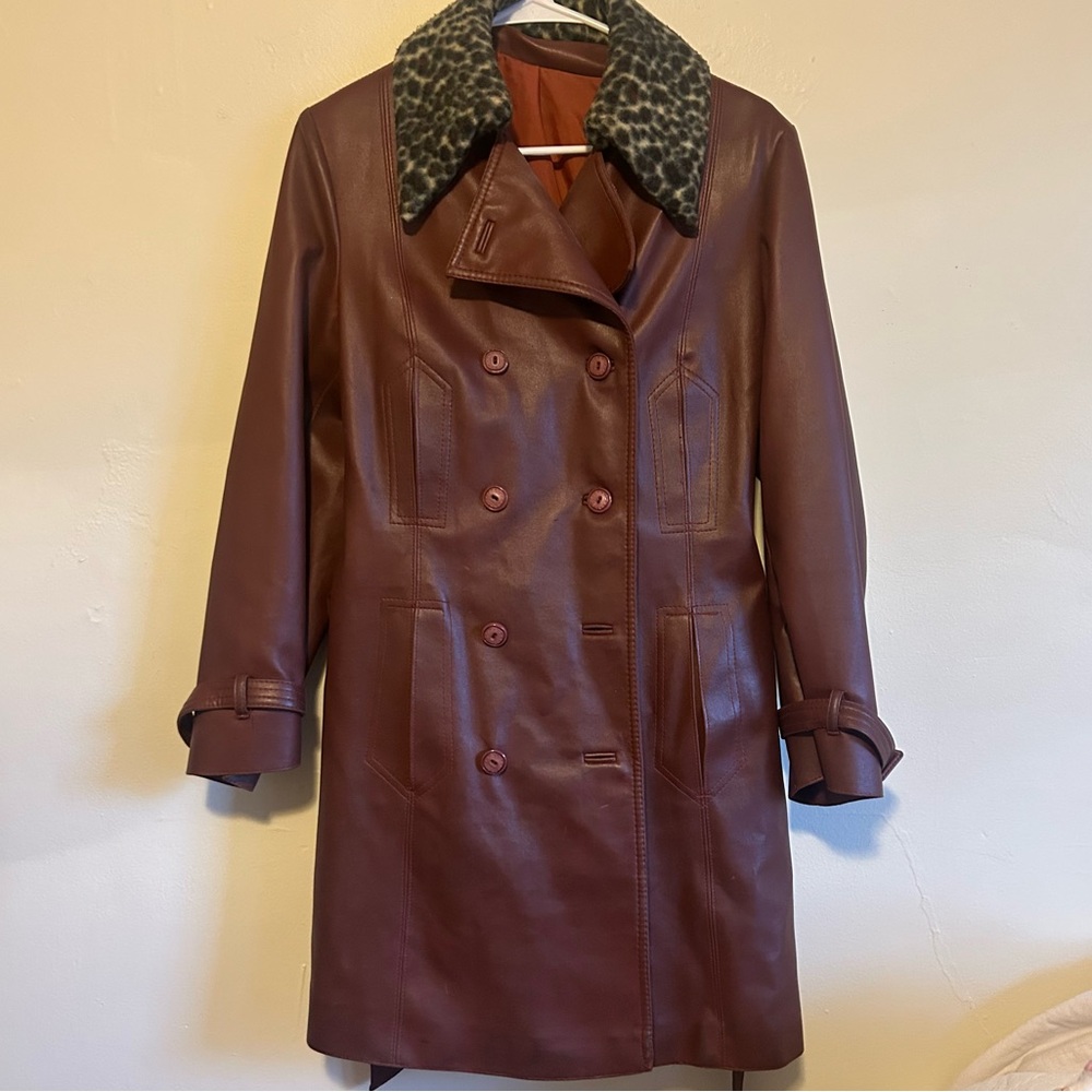 Vintage Maroon-Brown P.V.C Trench Coat with Leopard Faux Fur Collar